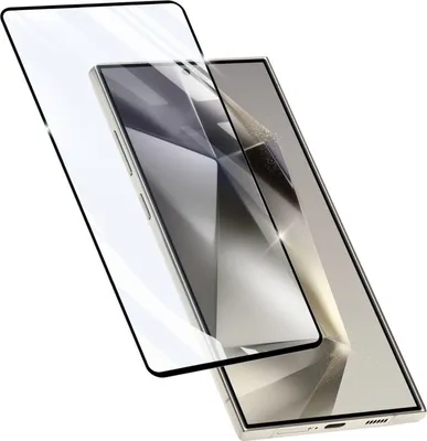 A screen protector is shown being applied to a smartphone.