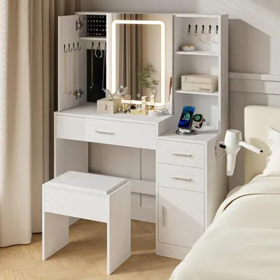 Productafbeelding van Make-uptafel met spiegel, LED-verlichting, stopcontact en kruk, 100x40x137 cm
