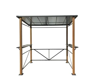 A freestanding grill pavilion with a transparent roof and two side shelves.