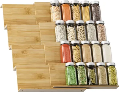 Produktbild von Set mit 8 Gewürzregalen für Schublade - Gewürzorganizer Schubladen-Aufbewahrungssystem von 30 cm bis 60 cm ausziehbar - Für Küchenarbeitsplatte (natur)