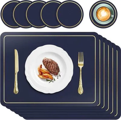 Produktbild von Famanu Platzsets und Untersetzer Set von 6 - Kunstleder - hitzebeständig - waschbar - rutschfest - wasserabweisend - marineblau