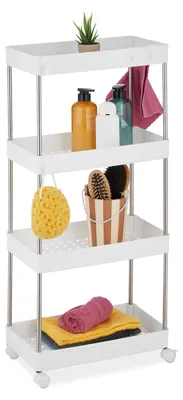 Image de Meuble de niche, 4 étagères, à roulettes, cuisine, salle de bain, chariot, 88 x 41,5 x 23,5 cm, plastique, acier inoxydable, blanc