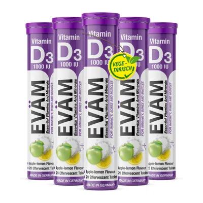 Produktbild von EVÄM Vitamin D3 Brausetabletten, 5er Pack, hochdosiert, Apfel-Zitrone, Immunsystem, Knochen & Muskeln, vegetarisch, hergestellt in Deutschland