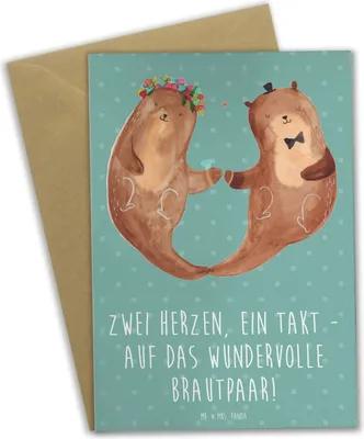 Produktbild von Mr. & Mrs. Panda Grußkarte Brautpaar Herzen - Meeresbrise - Geschenk, Hochzeit, Einladungskarte, Geburtstagskarte, Zusammenspiel, Glückwunschkarte, Hochzeitstag, Trauung