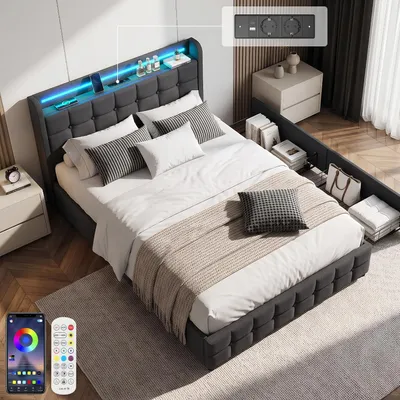 Produktbild von OYAJIA Polsterbett 140x200cm mit USB und Steckdosen,Jugendbett Einzelbett mit 2 Schubladen, Stauraumbett Massivholzbett mit LED und Lattenrost, Leinen