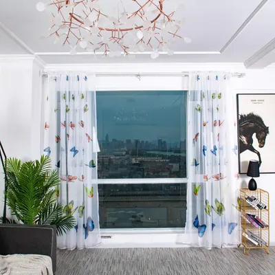 Voile-Gardinen mit Schmetterlingsmuster, 2 Paneele, Blau, 100x200 cm