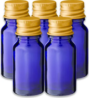 Produktbild von 5x Blaue Glasflasche 10 ml mit goldenem Aluminium Schraubverschluss