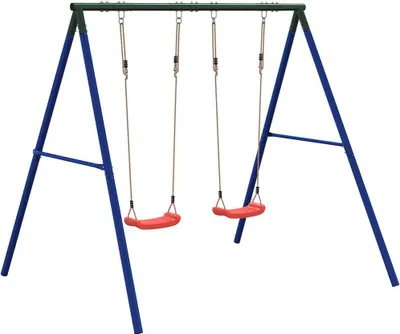 A swing set with two red seats, set against a white background.