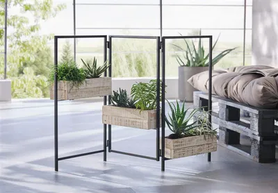 Produktbild von Pflanz-Paravent "Industrial" aus Metall mit 3 Pflanzkästen aus Holz, Raumteiler mit Blumenkasten, weiß, Pflanzgefäß