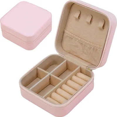 Produktbild von Schmuckschatulle Schmuck Organizer Schmuckbox Klein Tragbare Box Travel Kunstleder Reise Schmuckkästchen Damen Mini Aufbewahrungsbox Rosa für Ringe, Ohrringe, Halsketten