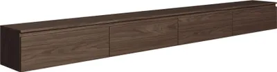 A long, dark brown wooden TV board with four doors, shown from a slightly elevated side angle against a white background.