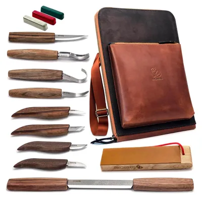 Produktbild von Holzschnitzwerkzeug Set Deluxe - Schnitzmesser Set für Erwachsene und Anfänger mit Löffel Schnitzset und Lederetui