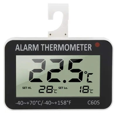 Digitalthermometer für Kühlschrank, -40 bis +70 °C, mit Alarm und Haken