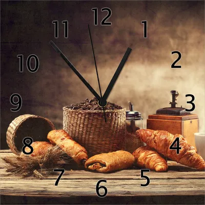 Produktbild von Wallario Design Wanduhr Französisches Frühstück mit Café und Croissants aus Echtglas, Größe 30 x 30 cm