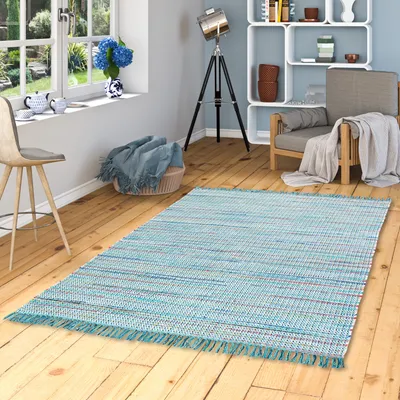 Produktbild von Baumwolle Natur Teppich Cayenne Blau Türkis Bunt Meliert, Größe:200x300 cm