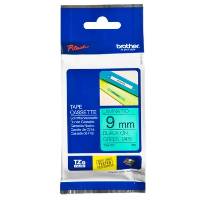 Produktbild von Brother TZe-721 - Schwarz auf Grün - Rolle (0,9 cm x 8 m) 1 Kassette(n) laminiertes Band - für Brother PT-D210, D600, H110, H200, P-Touch PT-1005, E110, H107, P-Touch Cube Plus PT-P710