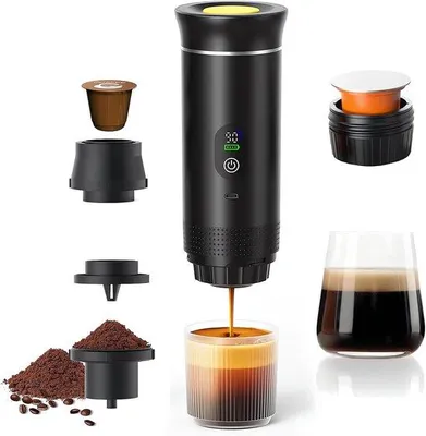 Obrázok produktu pre Malý elektrický kávovar, 3 v 1, dobíjateľný, vhodný na kempovanie a do auta, rýchlo sa zahrieva, vhodný na kávové kapsule K-Cup a prípravu kávy.