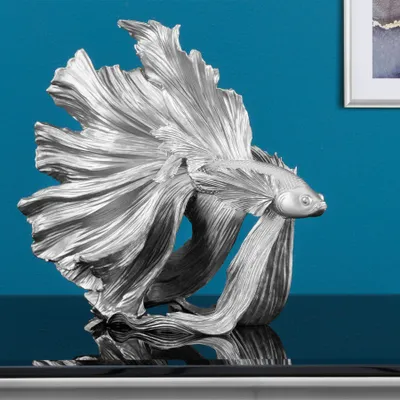 Produktbild von Design Deko Figur Kampffisch CROWNTAIL 35cm silber Betta Fisch Skulptur