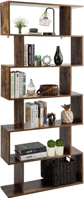 Immagine prodotto di COSTWAY Libreria in legno, scaffale a 6 ripiani, scaffale per documenti, piante e libri, scaffale a muro con materiale di fissaggio incluso, scaffale portaoggetti a forma di S, scaffale da ufficio marrone