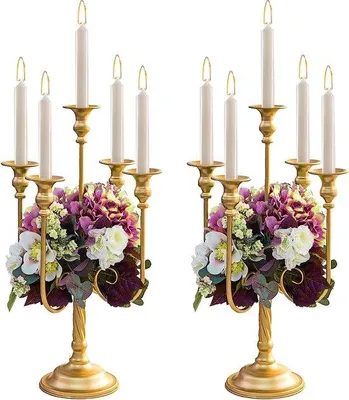Imagen del producto de Unyqoos® Juego de 2 candelabros de 5 brazos, metal dorado, 51 cm – Elegante candelabro vintage para velas cónicas, ideal para decoración de mesas, bodas