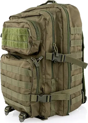 A close-up, side view of a green tactical backpack.