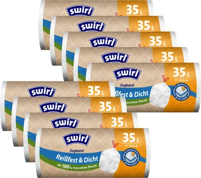 Produktbild von Swirl Zugband-Müllbeutel, 35 Liter, 9 Rollen mit je 15 Beuteln, Weiß