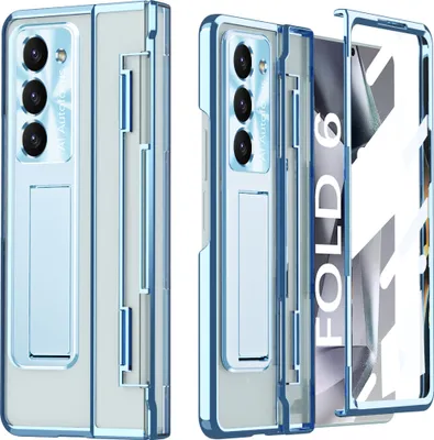 Produktbild von Hülle für Samsung Galaxy Z Fold 6 mit Displayschutz & Objektivschutz Transparent Galvanisierte Ständer Schutzhülle Blau