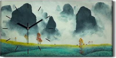 Produktbild von Wanduhr Uhr Wandbild Leinwand Geräuschlos 60x30 Chinesische Berg Landschafts - schwarze Hände