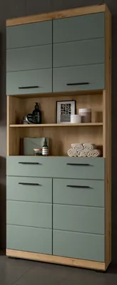 Produktbild von Bad Hochschrank "Shawn" in Salbei grün und Eiche, Badschrank 4-türig 74 x 191 cm