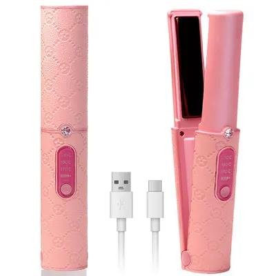 Image de ZELURXX Lisseur sans fil 2 en 1, lisseur portable, batterie 5000mAh, chauffage rapide, lisseur de voyage pour lisser et boucler les cheveux, cuir rose