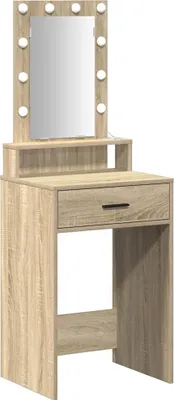 A vanity table with a mirror and lights.