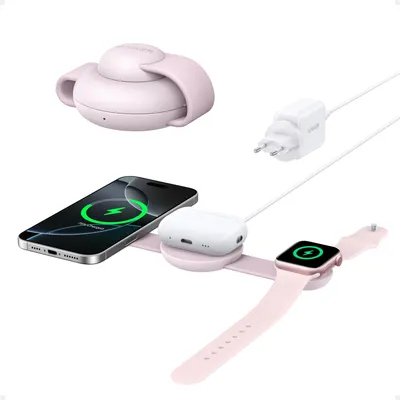 Immagine prodotto di Stazione di ricarica wireless Anker MagGo 3-in-1 (con spina UE/USA/UK), caricatore da 15W con  Qi2 compatibile MagSafe, pad di ricarica da viaggio pieghevole per iPhone 16/15, AirPods, Apple Watch (senza power bank)