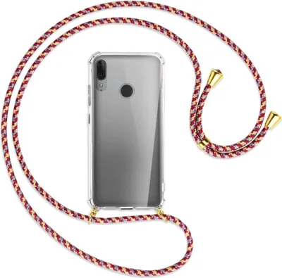 Produktbild von Handykette Backcover-Schutzhülle mit Band (Metall goldfarben) für Motorola Moto E6 Plus - weinrot/gelb/grau