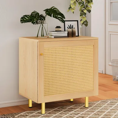 Immagine prodotto di Armadio da ingresso MODFU con ante in rattan, gambe dorate, mobiletto contenitore, comodino, stile naturale