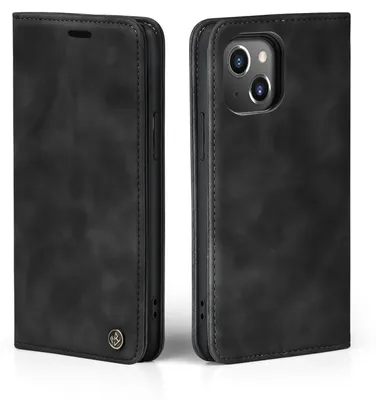A black flip case for an iPhone 14 is shown from two angles.