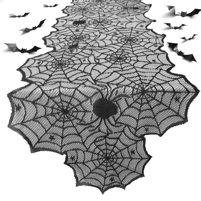 Immagine prodotto di Set per decorazione tavola a tema Halloween: runner con ragnatela e 16 pipistrelli, colore nero, dimensioni 182x46 cm