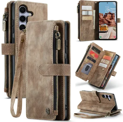 Immagine prodotto di Custodia in pelle per Samsung Galaxy S25, custodia con cerniera in Finto cuoio, chiusura magnetica, tasca per carte, supporto, custodia a portafoglio marrone