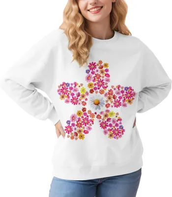 Zdjęcie produktu dla Damski sweter, wzór kwiatowy, polar, bawełna, okrągły dekolt, casual, biały, rozmiar M