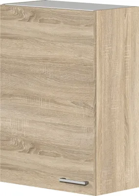 A single kitchen cabinet with a wood grain finish and a silver handle.