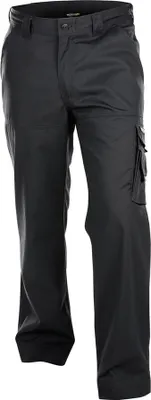 A pair of black cargo pants is shown against a white background.
