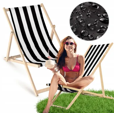 Produktbild von Liegestuhl klappbar aus Holz mit weiß-schwarzem Streifen-Motiv – Klappstuhl Klappliege Sonnenstuhl Strandstuhl Gartenliege