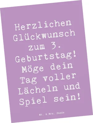 Produktbild von Mr. & Mrs. Panda Postkarte Spruch 3. Geburtstag Lächeln und Spiel - Lavendeltraum - Geschenk, Geburtstagsgeschenk, besonderer Meilenstein, Fotokarte, Happy Birthday