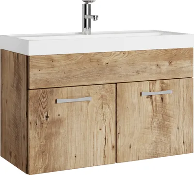 A bathroom vanity set with a sink and cabinet.