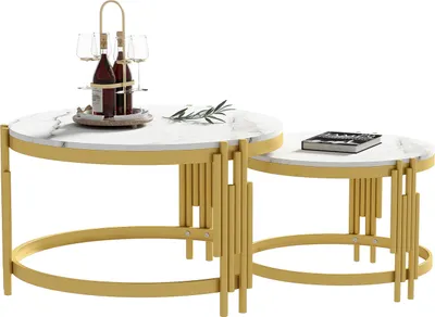 Produktbild von Moduliertes Couchtisch-Set, goldener Metallrahmen, Marmoroptik, runde Tische in zwei Größen