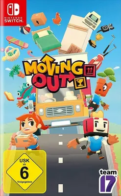 The image is a marketing graphic for the video game 'Moving Out' on Nintendo Switch. It features cartoon characters, game elements, and the game's logo against a bright blue sky background.