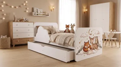 Image de Lit d'enfant et lit junior 140 x 70 cm, blanc | Matelas et espace de rangement inclus | Lit pour tout-petits sécurisé : nuage, autocollants colorés, animaux