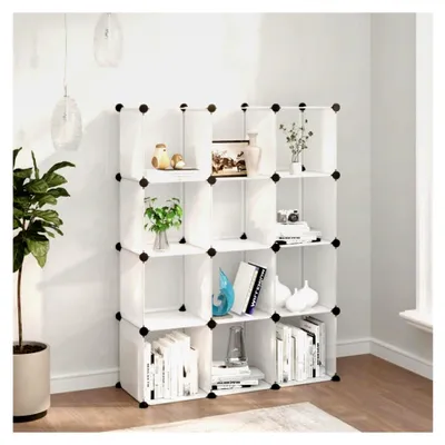 Produktbild von Regalsystem mit 12 Würfeln aus transparentem PP, Vitrine, Raumteiler, Steckregal, Stufenregal, Bücherregal, Schrankregal