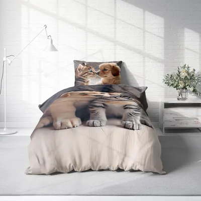 Produktbild von Winter Biber Bettwäsche Baumwolle Kuschelig Flauschig Warme Weiche Flanell Bettbezüge Modern, Größe:4 teilig 135x200 cm, Farbe:Hunde Katzen Welpen grau