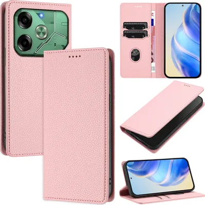 Produktbild von Litchi Leder Handyhülle für Tecno Pova 6 4G Wallet Kartenfächer Standfunktion Hülle Pink