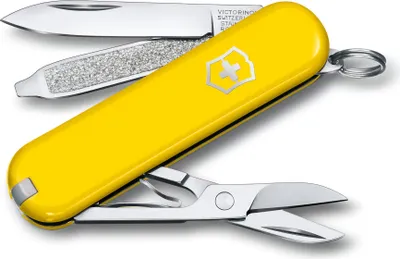 Produktbild von Victorinox Classic SD, Messer mit Feststellklinge, Multi-Tool-Messer, Absetzpunkt, ABS Synthetik, Gelb, 7 Werkzeug